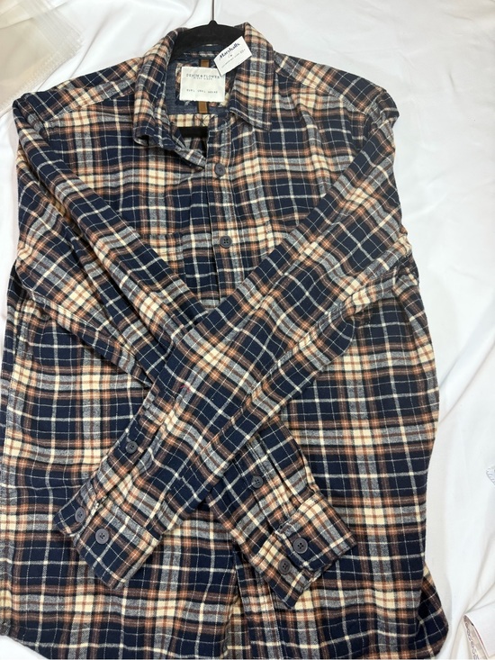 Denim & Flower Tops - Denim & Flower Navy, Tan and Cream Plaid Button-Up Shirt
